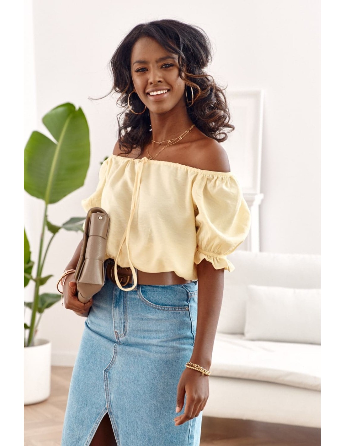 Yellow short blouse with ruffled neckline MP29435 - Online store - Boutique